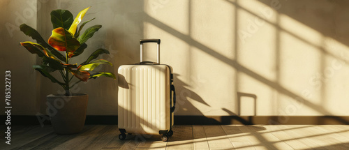 Minimal travel mock with suitcase or luggage  shadows effect  copy space. Bags for trip. Vacation leisure concept. Generative ai