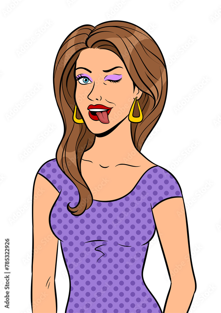 Stylish beauty young woman winks and shows tongue pop art retro PNG illustration. Isolated image on white background. Comic book style imitation. Stylish beauty young woman winks and shows tongue pop art retro PNG illustration. Isolated image on white background. Comic book style imitation.