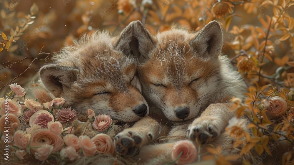 Fototapeta premium A few foxes lying next to each other on a lush green field filled with flowers