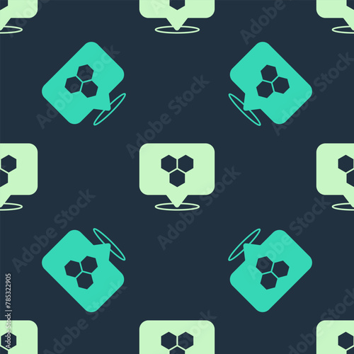 Green and beige Honeycomb bee location map pin pointer icon isolated seamless pattern on blue background. Farm animal map pointer. Vector