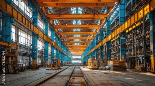 Steel Building Pillar Construction Crane Operation in Factory Beneath Blue Sky

