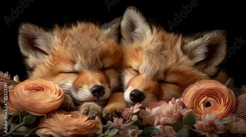   A couple of foxes lying next to each other on a floral mound amidst a bed of flowers © Nadia