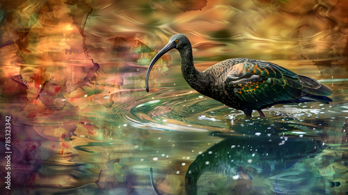 Ibis: An ibis wading in shallow water, captured with a high-detail lens to highlight its curved beak and reflective plumage, set against a watercolor-like background with copy space photo