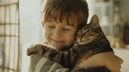 Little happy boy tenderly hugs her cat tightly in a bright spacious living room. Friendship concept between humans and animals