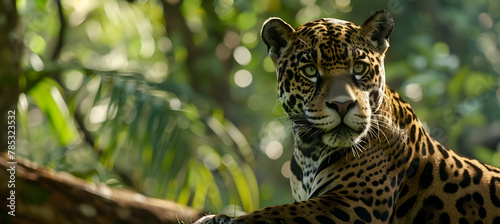Jaguar  A jaguar shot using a close-up lens  highlighting its fierce gaze against a blurred jungle background with copy space