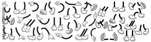 Comic retro feet and hands in different poses. Isolated mascot character elements of 1920 to 1950s.  Vector illustration photo