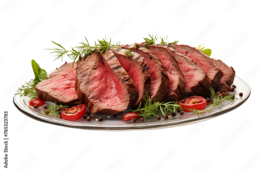 Juicy Steak With Fresh Tomatoes and Herbs on Platter. On a White or Clear Surface PNG Transparent Background.