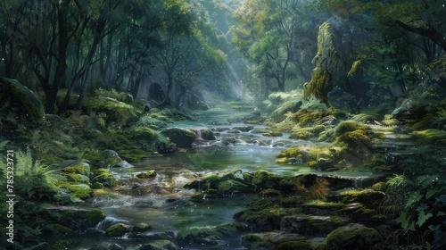 Tranquil Journey Serene River Meandering Through Lush Forest Filled with Jagged Rocks and Mossy Pathways 