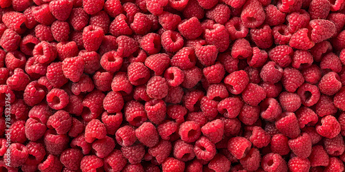 Background of Many Fresh Red Ripe Raspberries: Top View, Close-up