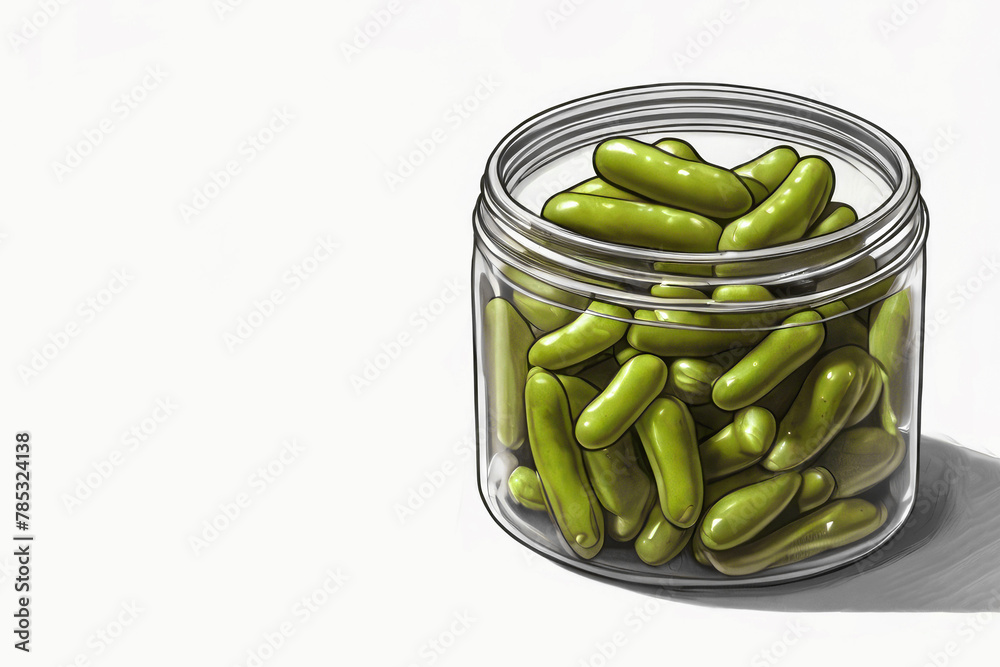 Snack pickled beans in a jar. Illustration on a white background with space for text.