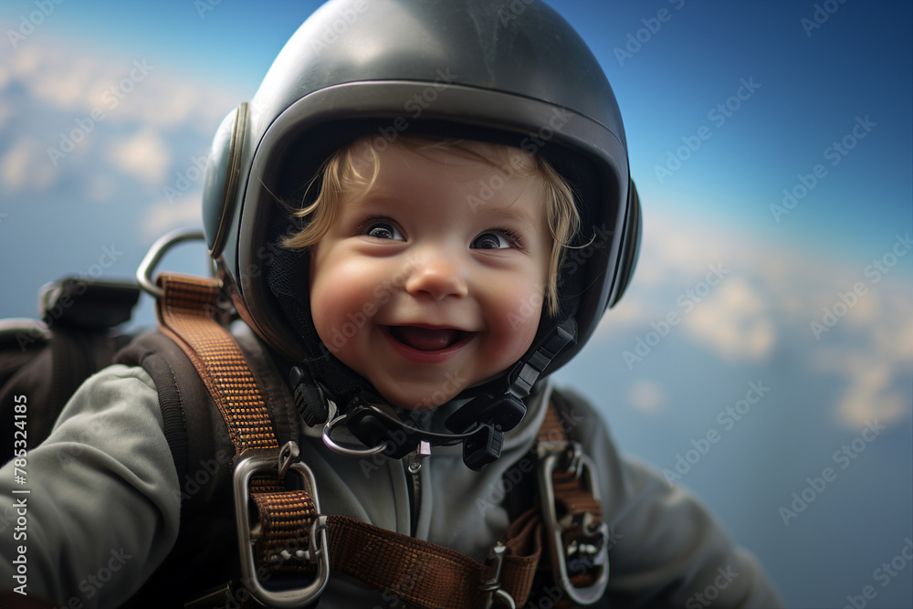 AI generated image of cheerful happy funny baby skydiver free falling AI generated image of cheerful happy funny baby skydiver free falling
