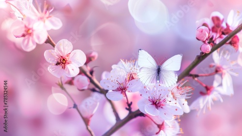 Serene Blossoms: Macro Shot of Pink Sakura Flowers and Fluttering Butterflies