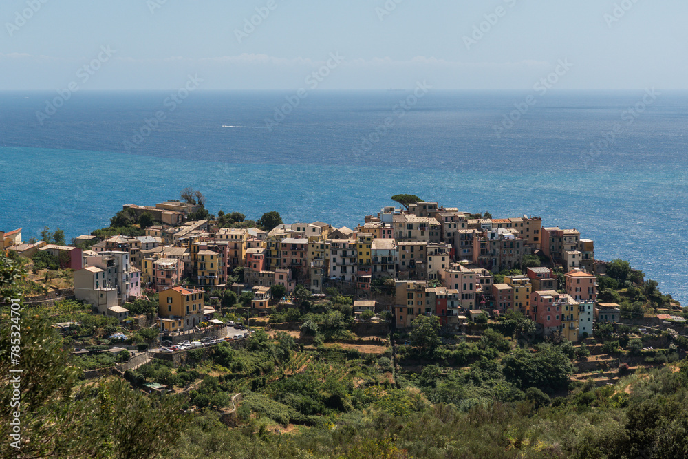 high angle view to Corniglia town against sea on sunny summer day