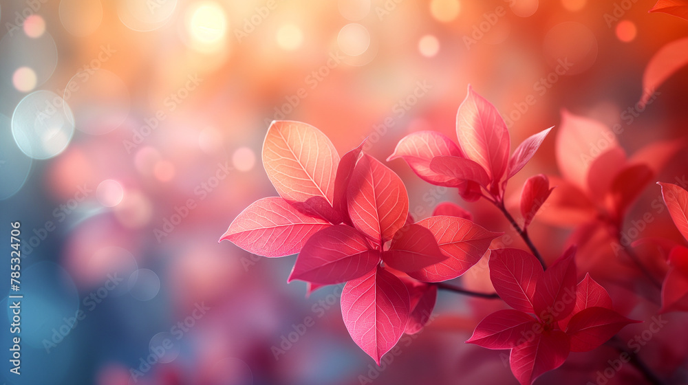 Abstract Background in Red Tones, Tree Branches with Red Leaves, Bokeh Lights Style. Vibrant and Artistic, Ideal for Seasonal Designs with Ample Space for Text.