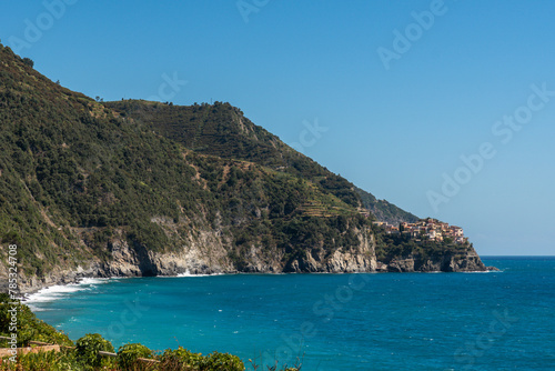 view to Manarola town in a distance  seen from Corniglia train station