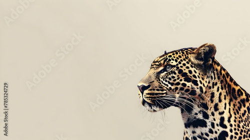 Leopard: A stealthy leopard captured with a high-resolution lens, emphasizing the striking pattern of its coat, set against a uniformly light tan background with copy space. photo