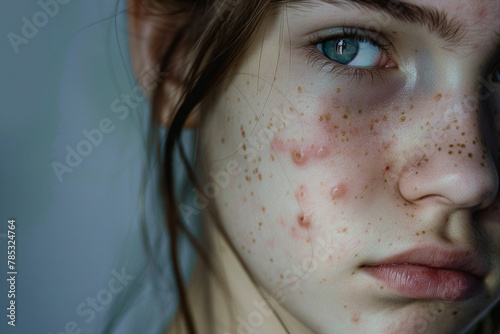 Picture generated with AI of young woman with acne problem squishing pimples photo