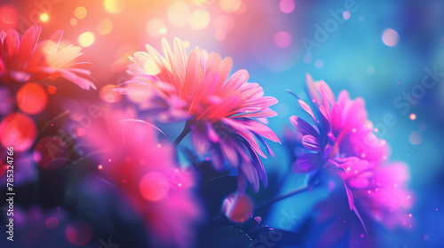 Background with Pink Chrysanthemum Flowers and Twinkling Bokeh Lights, Bluish Background in Neon Light Style. Dreamy and Luminous Floral Design, Perfect for Vibrant and Ethereal Creative Projects.