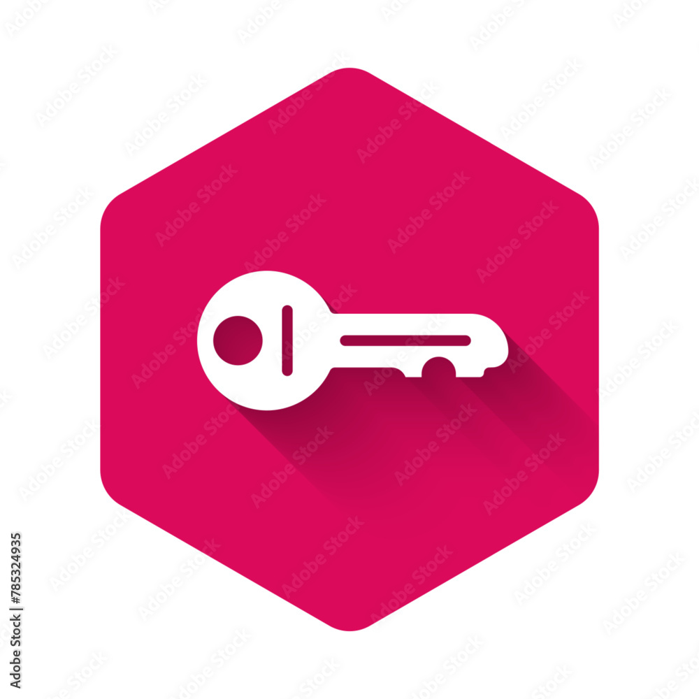 White Old key icon isolated with long shadow background. Pink hexagon button. Vector White Old key icon isolated with long shadow background. Pink hexagon button. Vector