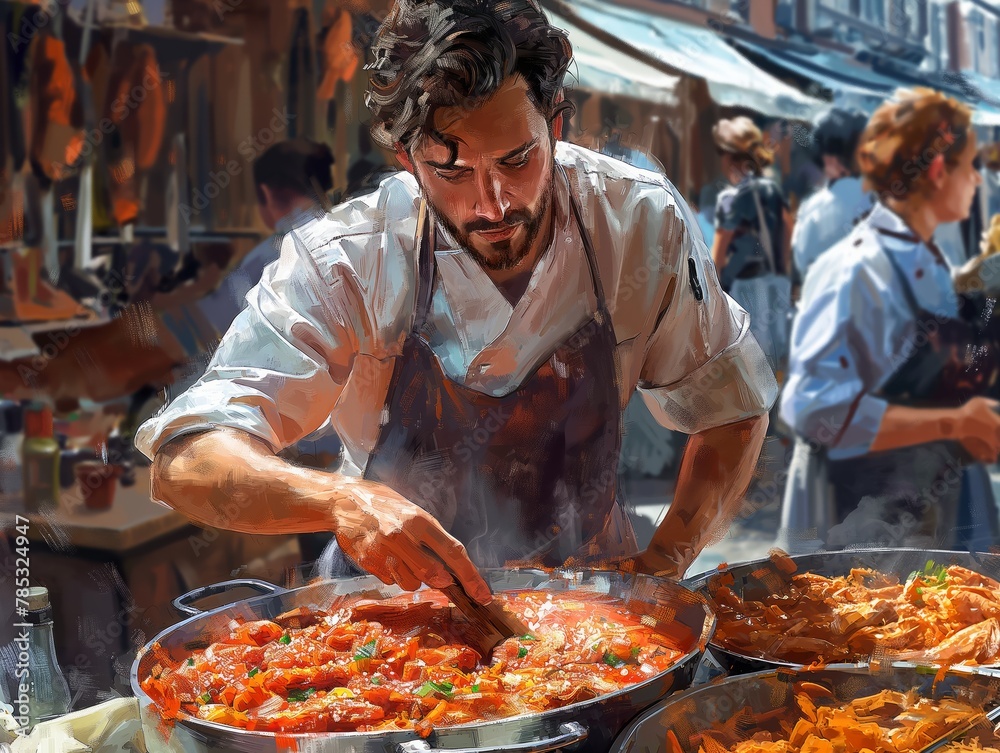 A man is cooking food in a pan. The food is red and he is spaghetti. There are other people in the background, and the scene is set in a restaurant