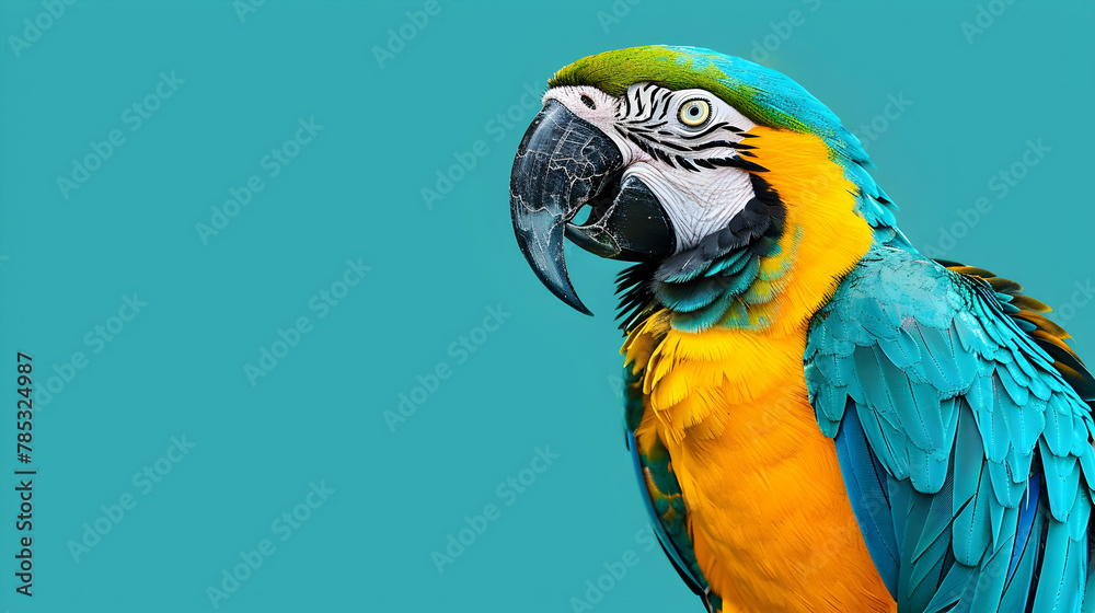 Macaw: A vibrant macaw captured mid-squawk, using a saturation enhancement technique to make its blue and yellow feathers pop against a plain sky blue background with copy space