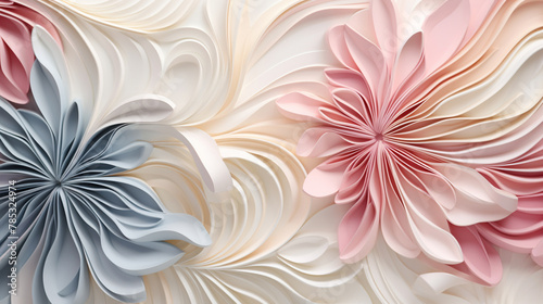 Quilling paper abstract background for invitations and greeting card with copy space. Filigree paper floral banner in pastel colors. Bridal paper flowers. Quilling floral background.