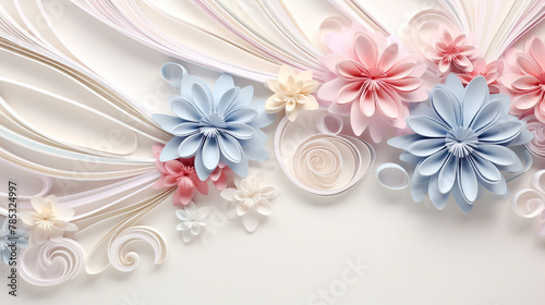Quilling paper abstract background with copy space. Filigree paper floral banner in pastel colors. Bridal paper flowers. Quilling floral background. High quality photo