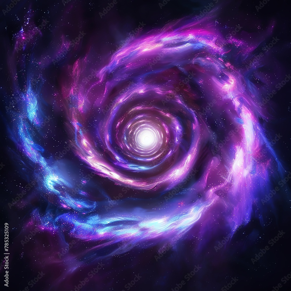 Fototapeta premium A spiral galaxy with vibrant purples and blues, swirling around in space The background is dark to highlight the center of attention There is an atmosphere of mystery and wonder about it This wallpape