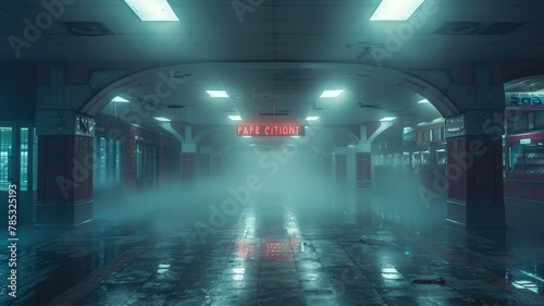 Foggy night scene at an empty shopping arcade - A captivating night scene of a shopping arcade with a foggy atmosphere and a central path leading into darkness