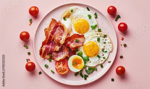 Fried eggs and crispy bacon on pink plate - A close-up shot of a breakfast plate with sunny side up eggs, bacon strips, and cherry tomatoes