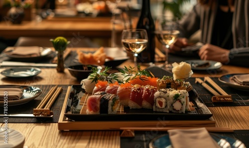 Assorted sushi set on wooden table in restaurant - A delicious sushi platter with diverse types of sushi served in an elegant dining setup  emphasizing the Japanese cuisine s visual appeal