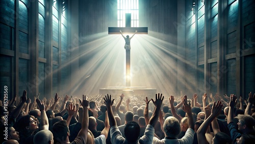 Christian Worshipers Raising Hands in Front of the Cross - Spiritual Worship photo