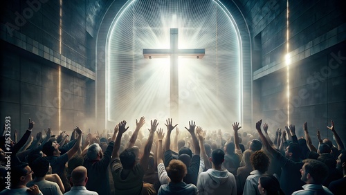 Christian Worshipers United in Prayer - Hands Raised to the Cross