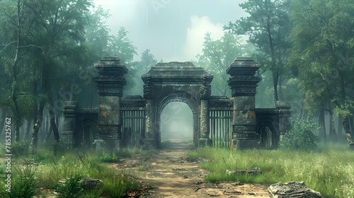 Mystic Gateway to the Forgotten Village. Concept Travel Photography, Historic Locations, Adventure Tours, Mysterious Landscapes photo