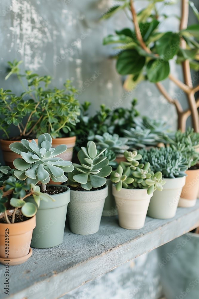 beautiful flowers in ceramic pots on wooden shelves 