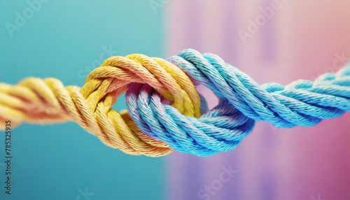 Team rope diverse strength connect and partnership. Teamwork unity communicate support concept. Blurred background.
