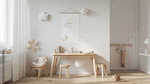 a white frame background  giraffe wooden toys on a table  arranged in the style of a Scandinavian child s room adorned with cloud decorations and a mockup poster frame.