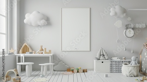 a white frame background, giraffe wooden toys on a table, arranged in the style of a Scandinavian child's room adorned with cloud decorations and a mockup poster frame. © lililia