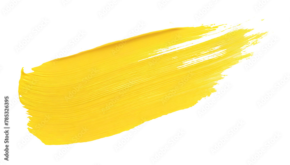 Yellow color paint stroke brush texture on white isolated cut out transparent background.
