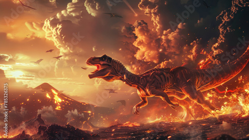 Fierce T-Rex Roaring Amidst a Fiery Landscape - A powerful Tyrannosaurus Rex lets out a loud roar against a backdrop of erupting volcanoes and a dramatic sky, evoking primeval and apocalyptic imagery