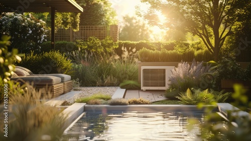 Modern backyard with pool at sunset - A serene, well-landscaped backyard with a pool reflects the golden light of sunset, creating a peaceful environment © Tida
