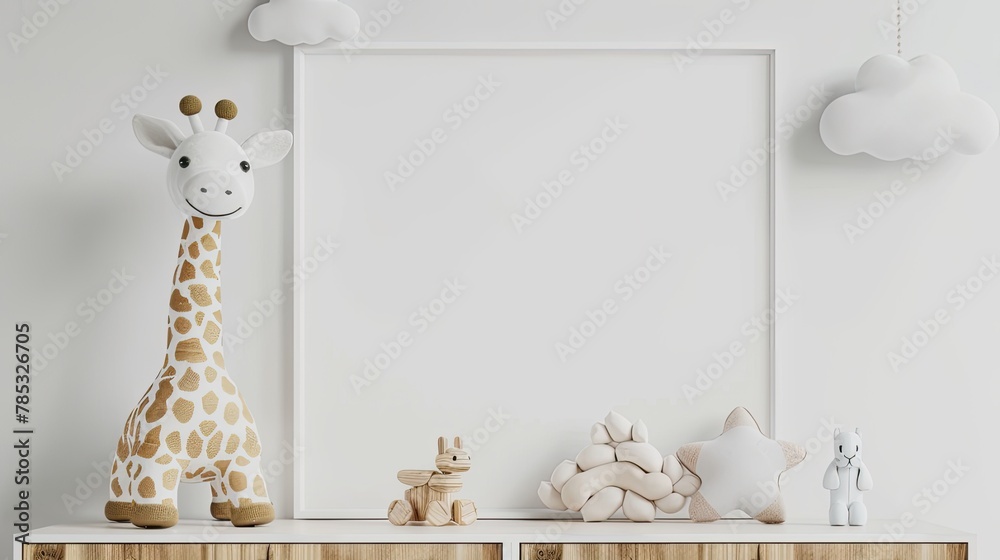 a white frame background, giraffe wooden toys on a table, arranged in the style of a Scandinavian child's room adorned with cloud decorations and a mockup poster frame. - obrazy, fototapety, plakaty 