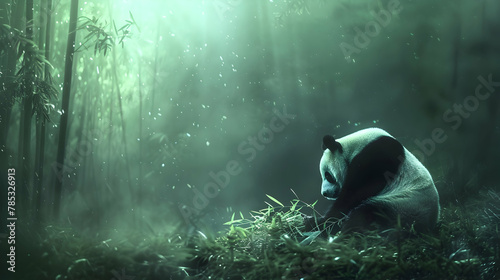 Panda: A peaceful panda shown munching bamboo, captured using natural light photography to highlight the contrast of its black and white fur against a serene green background with copy space