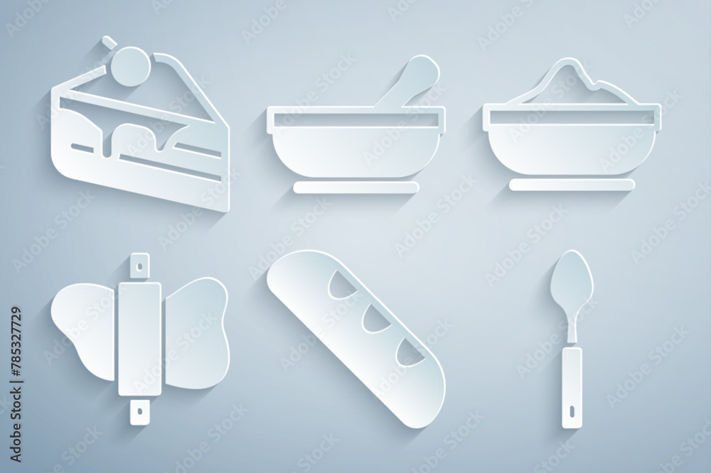 Set French baguette bread, Flour bowl, Rolling pin on dough, Spoon, Mortar and pestle and Piece of cake icon. Vector Set French baguette bread, Flour bowl, Rolling pin on dough, Spoon, Mortar and pestle and Piece of cake icon. Vector