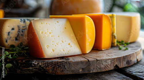 Different types of sarah on a wooden background. Assortment of cheeses. Side view. photo