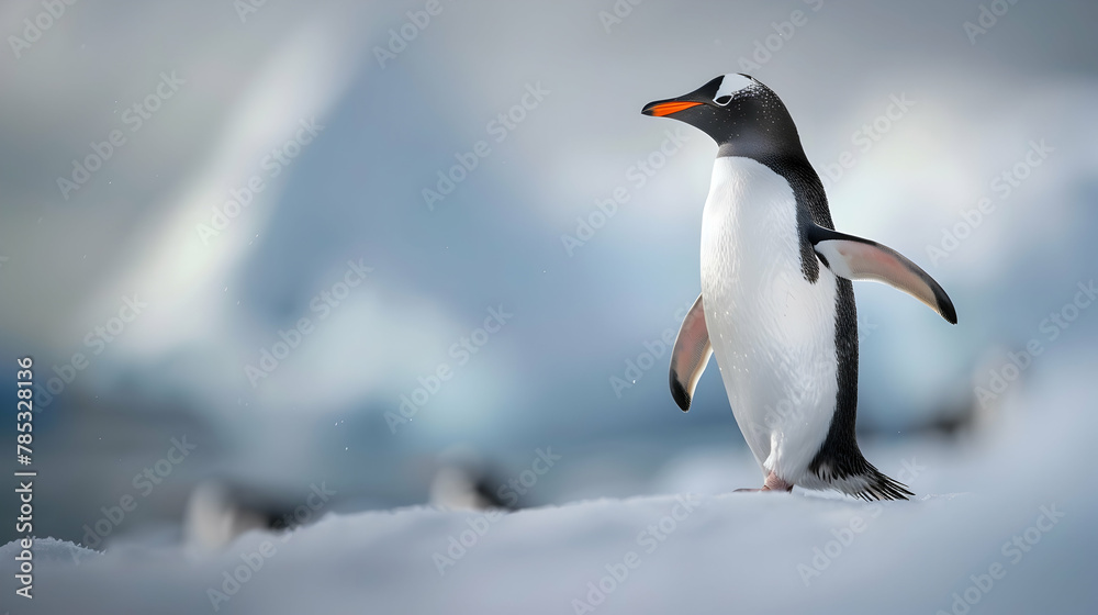 Fototapeta premium Penguin: A penguin captured in crisp detail with high-definition clarity, set against a plain icy background with copy space