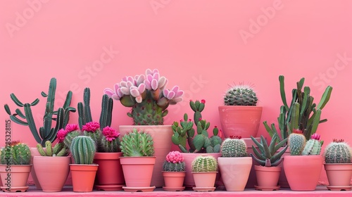 A vibrant pink background adorned with various cacti in different sizes and shapes, arranged neatly on top of each other to create an eyecatching display The plants have unique textures that add depth