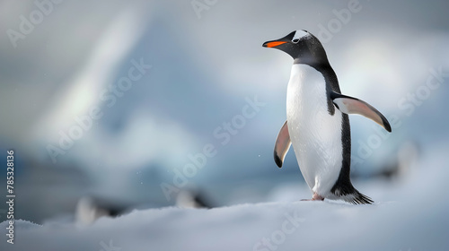 Penguin: A penguin captured in crisp detail with high-definition clarity, set against a plain icy background with copy space