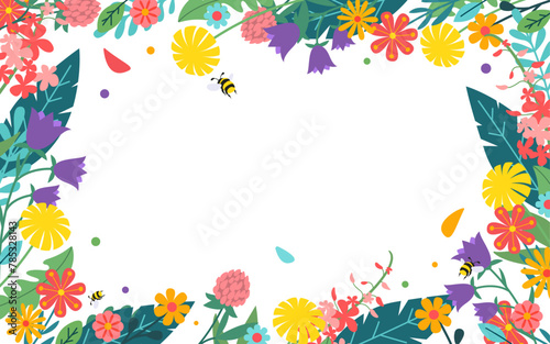Frame with blooming meadow flowers and bumblebees in vector, flat style.