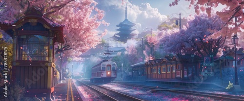 A picturesque scene of cherry blossoms in full bloom, with the train station surrounded by blooming trees and buildings adorned with pink petals photo